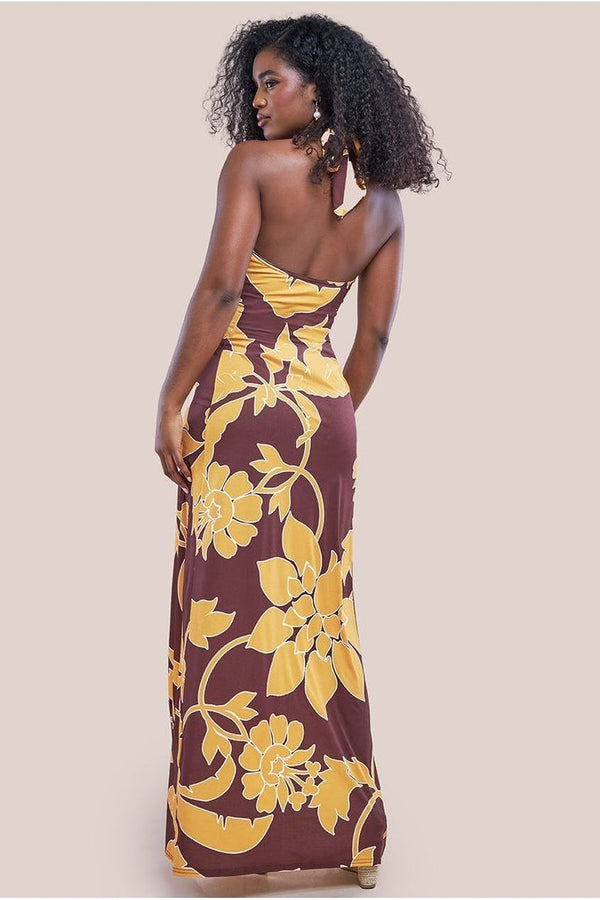 Goddiva Printed Crossover Maxi Dress - Brown By Goddiva