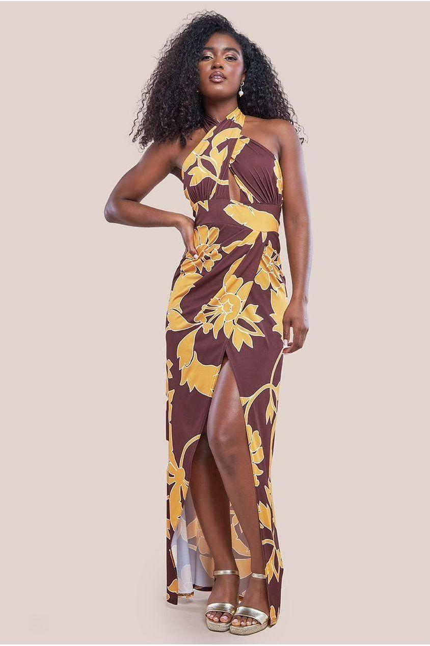 goddiva Printed Crossover Maxi Dress - Brown by Goddiva
