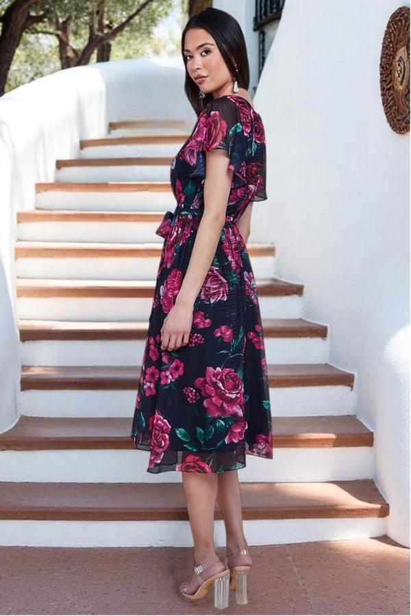 Goddiva Printed Lurex A-Line Flutter Sleeve Midi Dress - Black By Goddiva