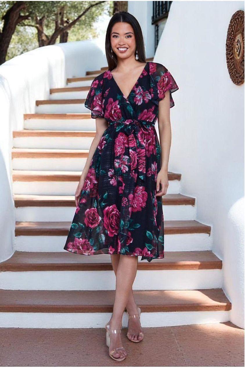 goddiva Printed Lurex A-Line Flutter Sleeve Midi Dress - Black by Goddiva