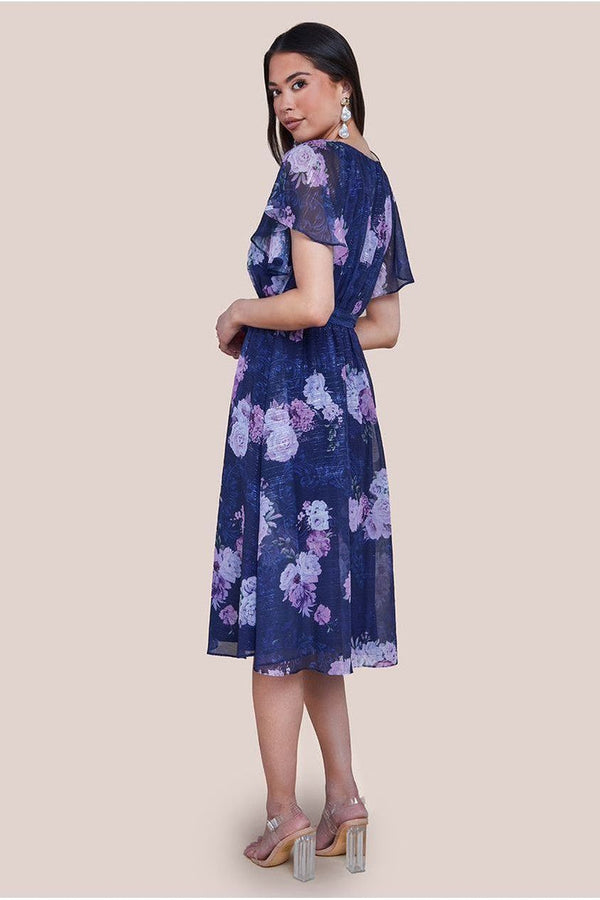 Goddiva Printed Lurex A-Line Flutter Sleeve Midi Dress - Navy By Goddiva