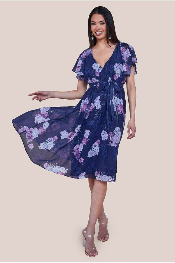Goddiva Printed Lurex A-Line Flutter Sleeve Midi Dress - Navy By Goddiva