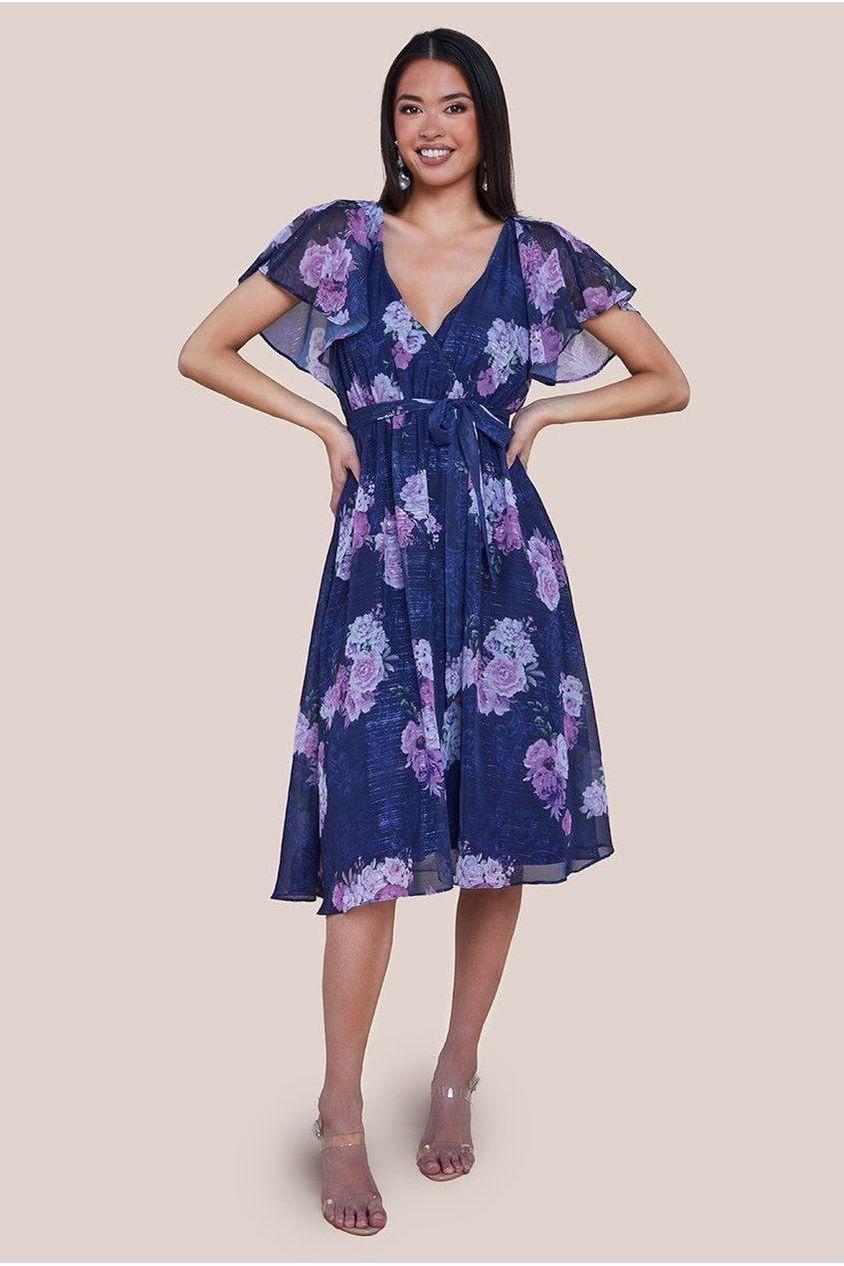 goddiva Printed Lurex A-Line Flutter Sleeve Midi Dress - Navy by Goddiva