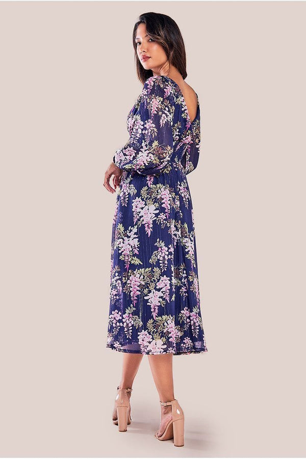 Goddiva Printed Lurex Chiffon Long Sleeve Midi Dress - Navy By Goddiva