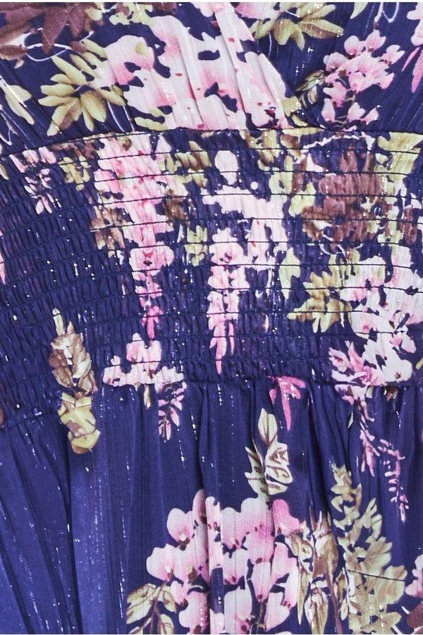 Goddiva Printed Lurex Chiffon Long Sleeve Midi Dress - Navy By Goddiva