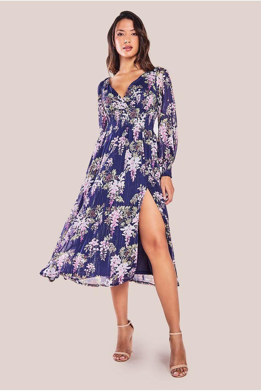 goddiva Printed Lurex Chiffon Long Sleeve Midi Dress - Navy by Goddiva