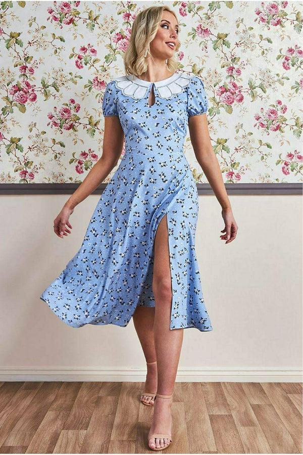 Goddiva Printed Midi With Front Split - Powder Blue By Goddiva
