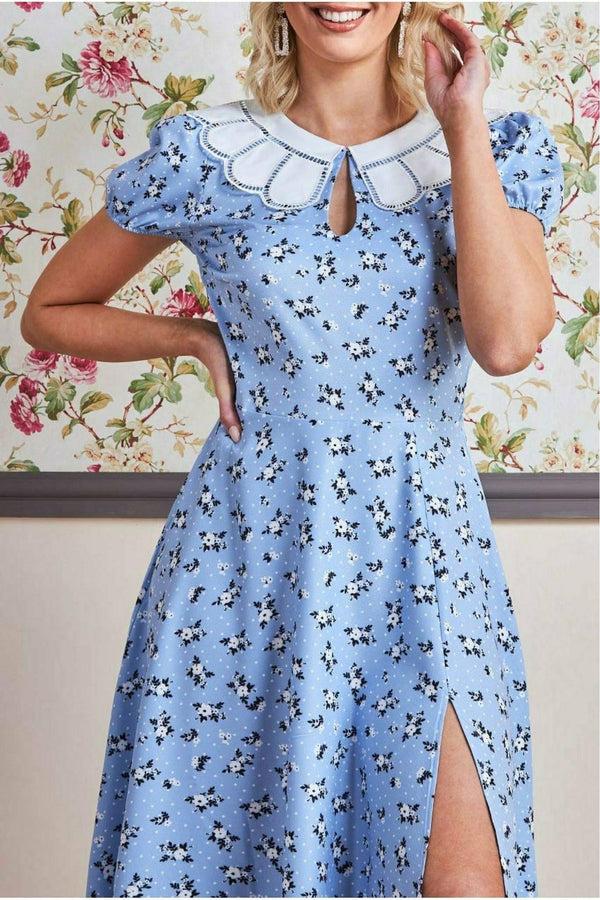 Goddiva Printed Midi With Front Split - Powder Blue By Goddiva