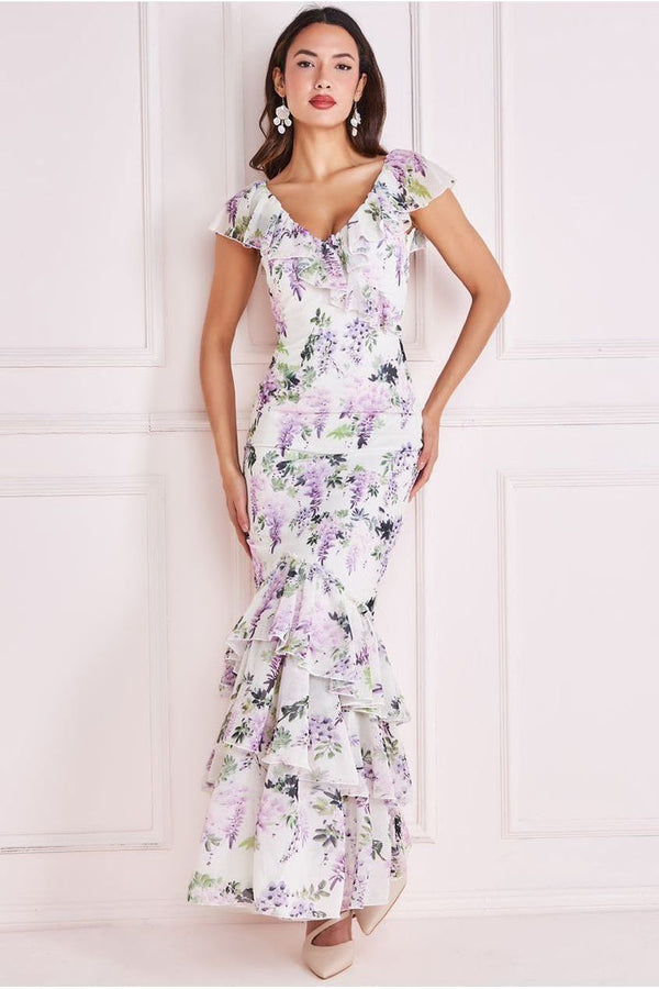 Goddiva Printed Ruffle Neck & Hem Dress - Multi By Goddiva