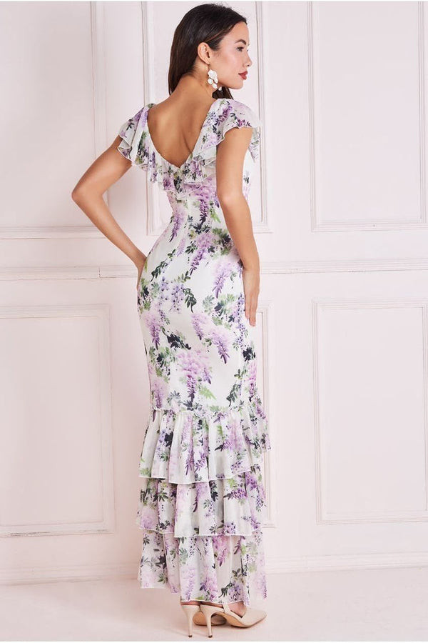 Goddiva Printed Ruffle Neck & Hem Dress - Multi By Goddiva