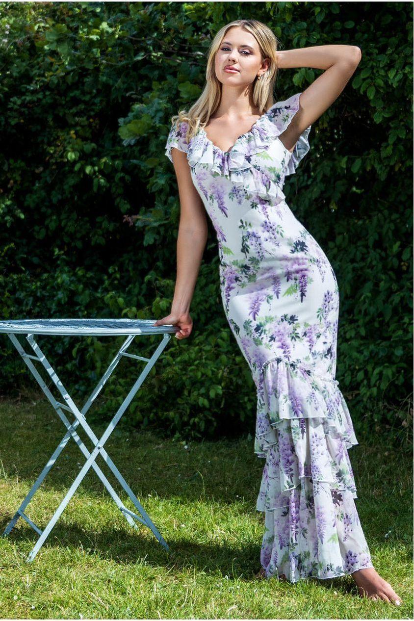 goddiva Printed Ruffle Neck & Hem Dress - Multi by Goddiva