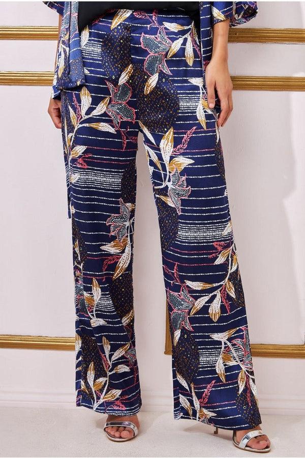 Goddiva Printed Satin Wide Leg Trouser - Navy By Goddiva