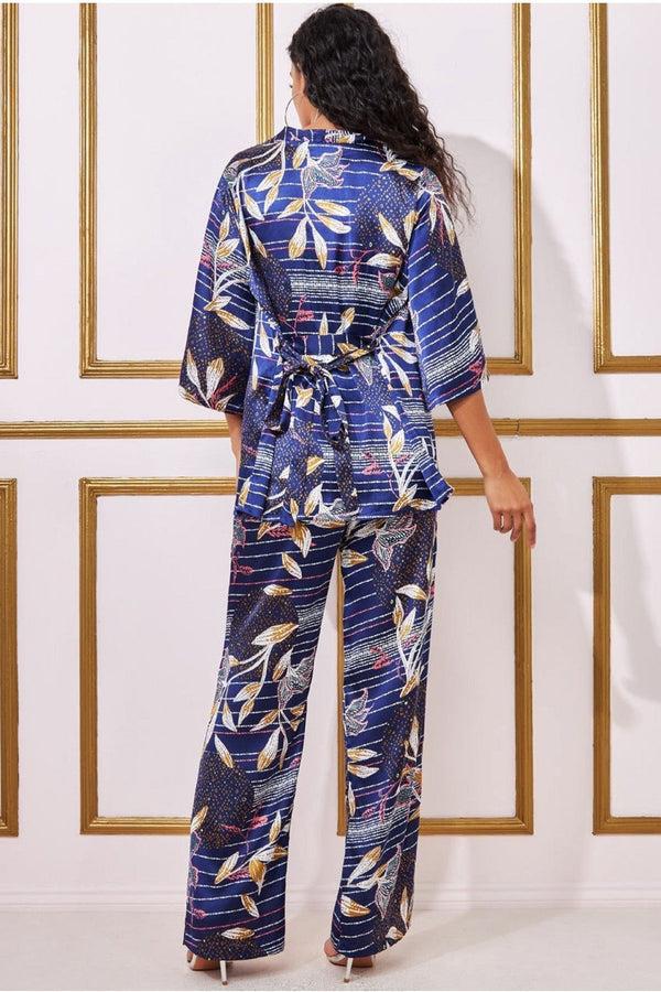 Goddiva Printed Satin Wide Leg Trouser - Navy By Goddiva