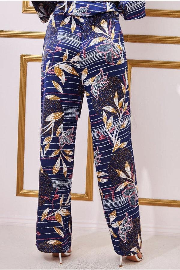 Goddiva Printed Satin Wide Leg Trouser - Navy By Goddiva