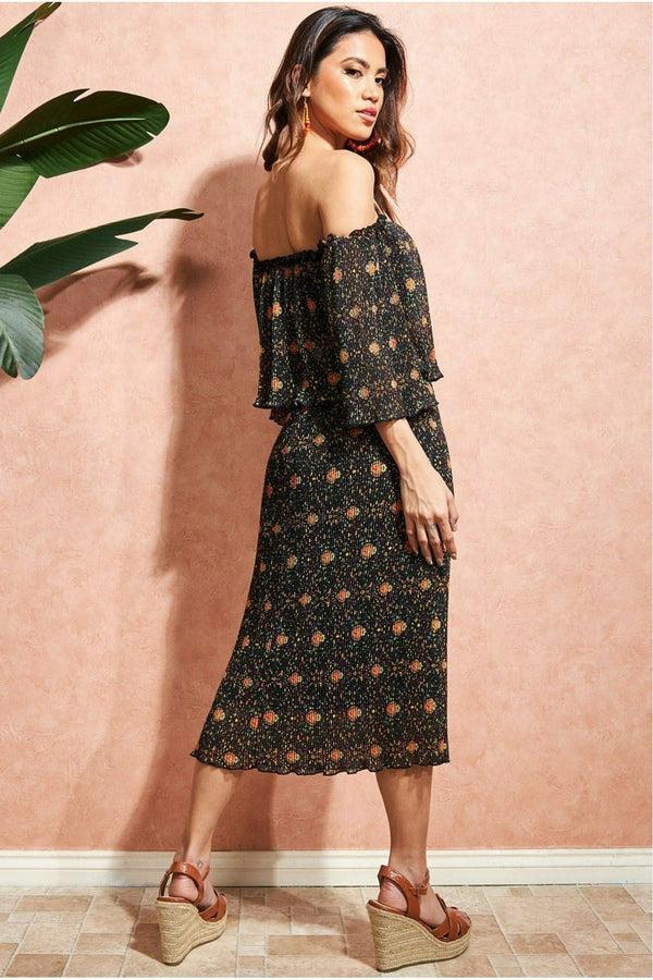 Goddiva Printed Shirred Midi Skirt - Black By City Goddess