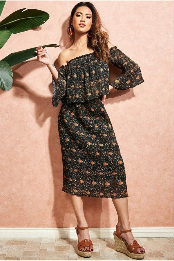 Goddiva Printed Shirred Midi Skirt - Black By City Goddess