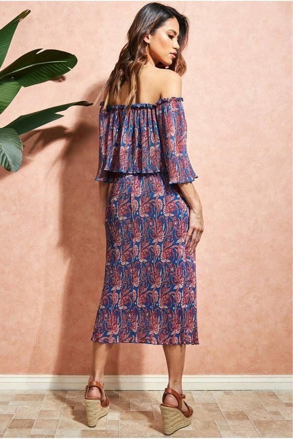 Goddiva Printed Shirred Midi Skirt - Blue By City Goddess