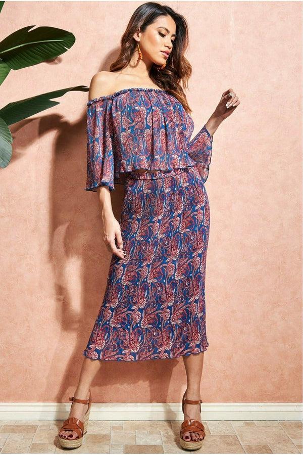 Goddiva Printed Shirred Midi Skirt - Blue By City Goddess