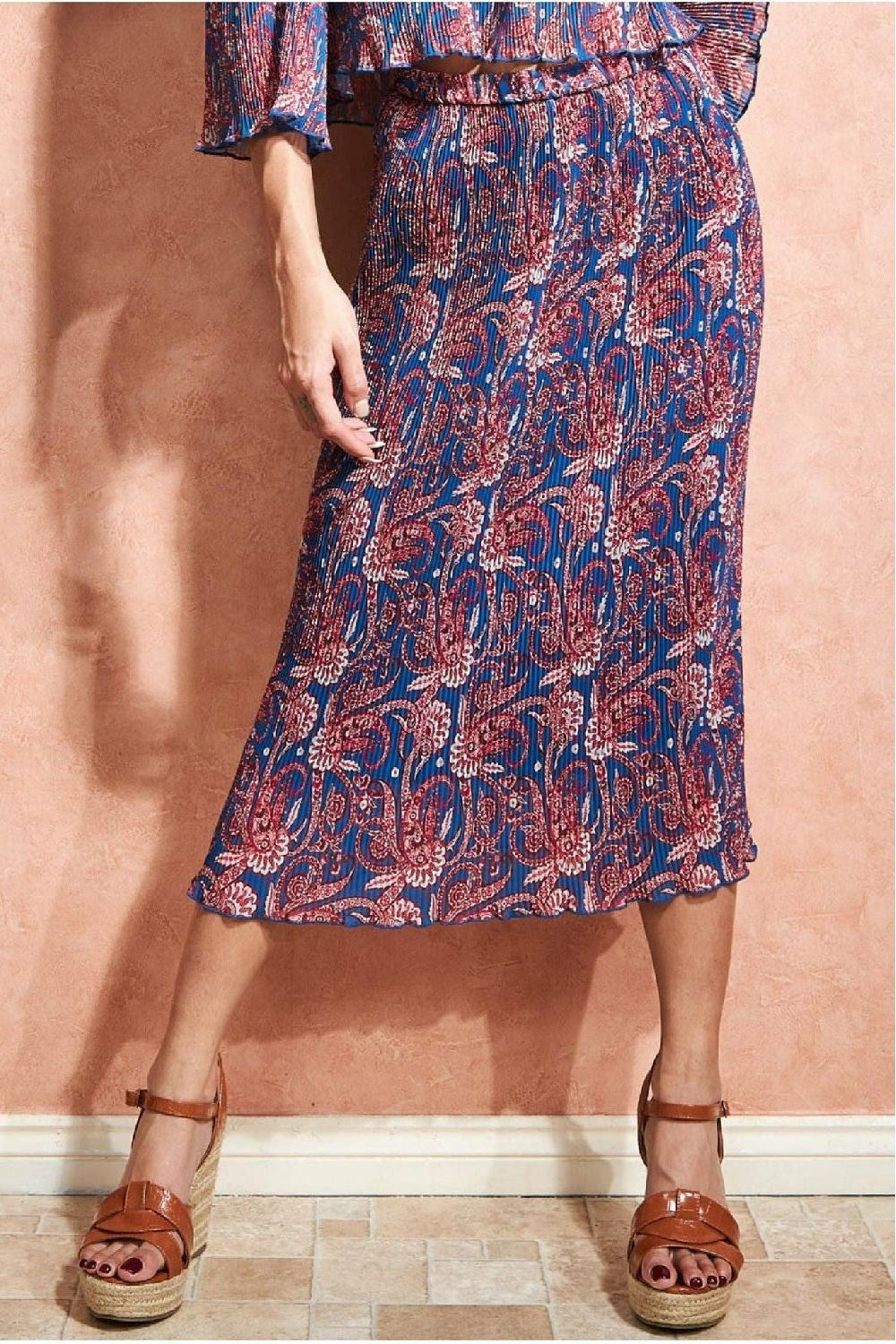 goddiva Printed Shirred Midi Skirt - Blue by City Goddess