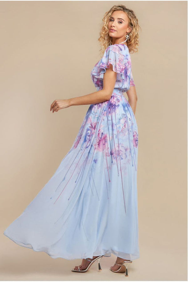 Goddiva Printed Silky Chiffon Flutter Sleeve Maxi Dress - Blue By Goddiva