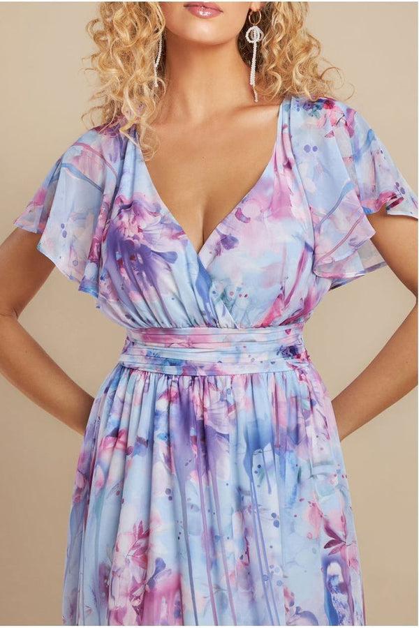 Goddiva Printed Silky Chiffon Flutter Sleeve Maxi Dress - Blue By Goddiva