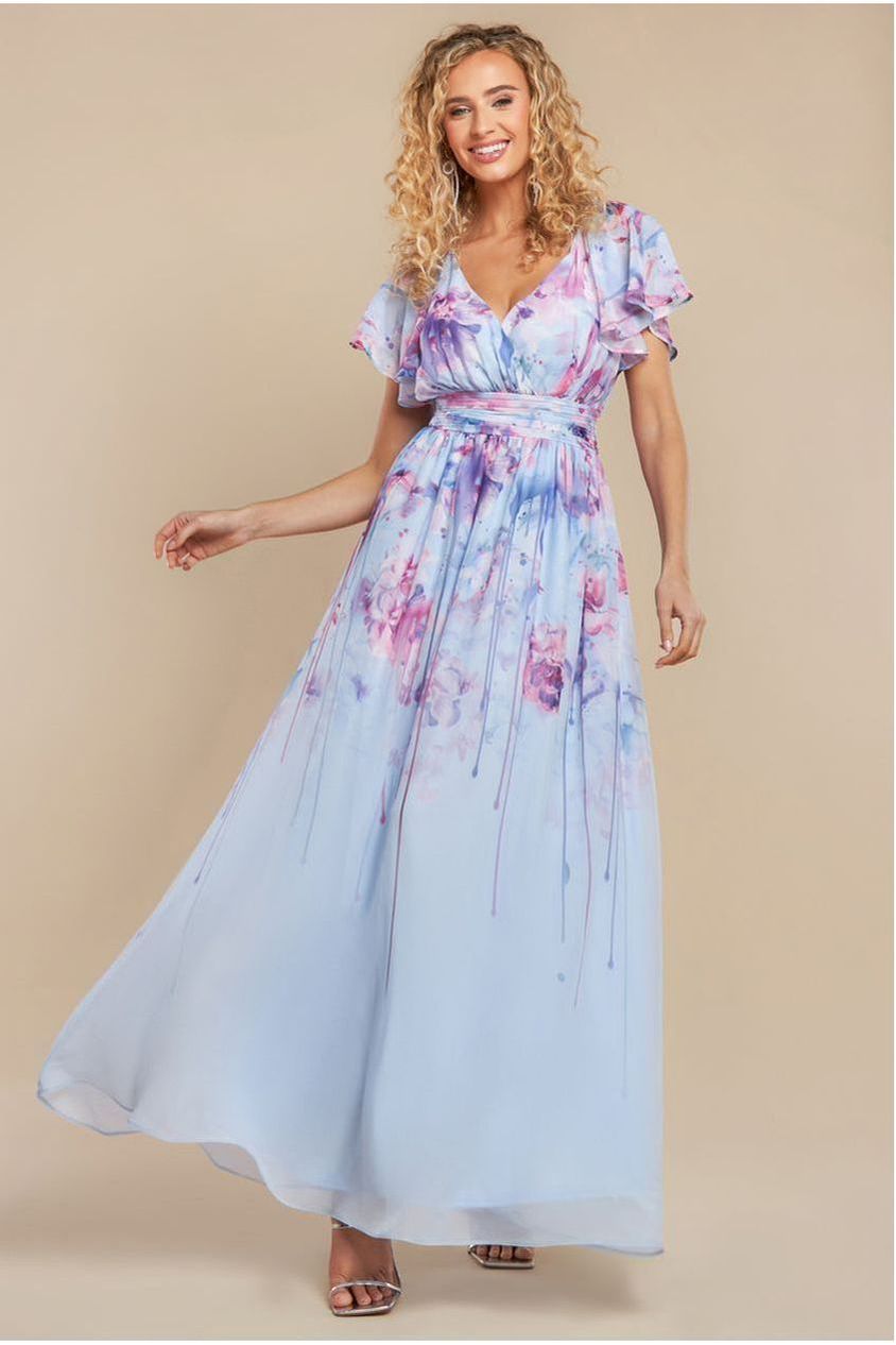 goddiva Printed Silky Chiffon Flutter Sleeve Maxi Dress - Blue by Goddiva