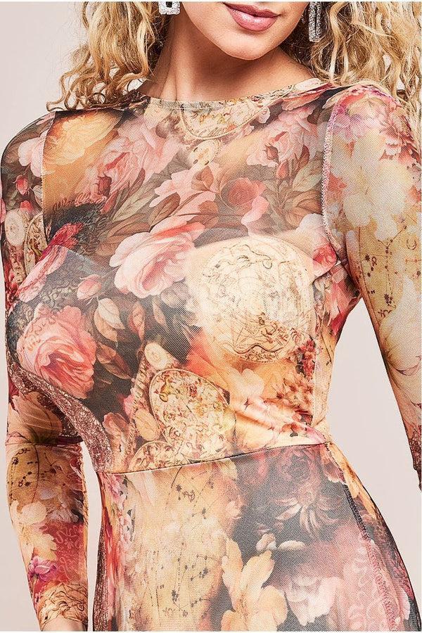 Goddiva Printed Soft Mesh A-Line Maxi Dress - Orange By Goddiva