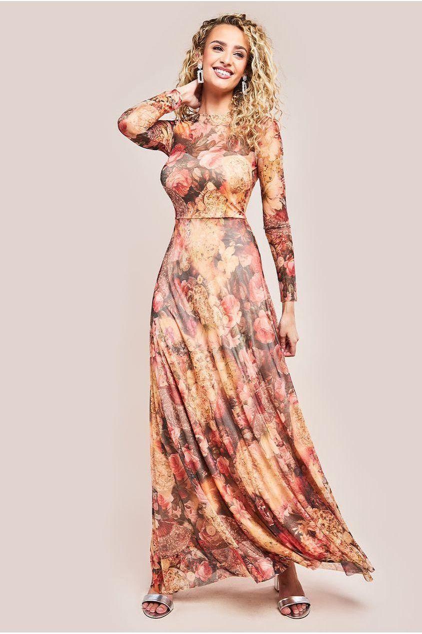 goddiva Printed Soft Mesh A-Line Maxi Dress - Orange by Goddiva