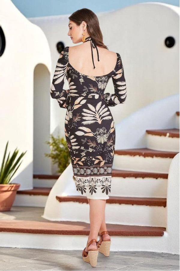 Goddiva Printed Tie Back Midi Dress - Black By Goddiva