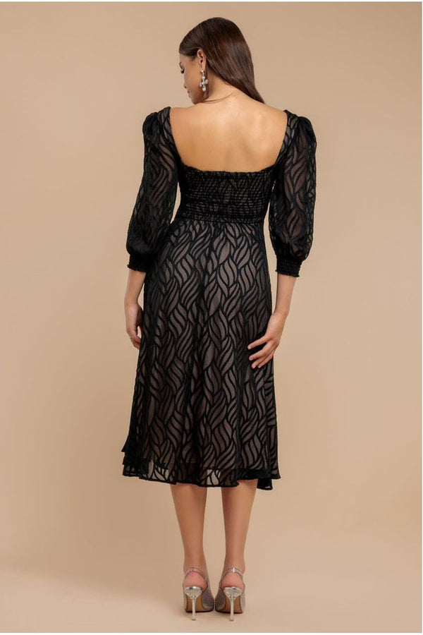 Goddiva Puff Sleeve Side Slit Flared Jacquard Chiffon Midi Dress - Black By Goddiva