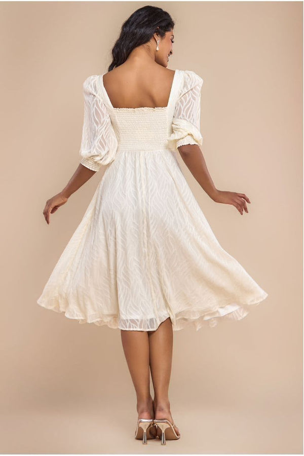 Goddiva Puff Sleeve Side Slit Flared Jacquard Chiffon Midi Dress - Cream By Goddiva