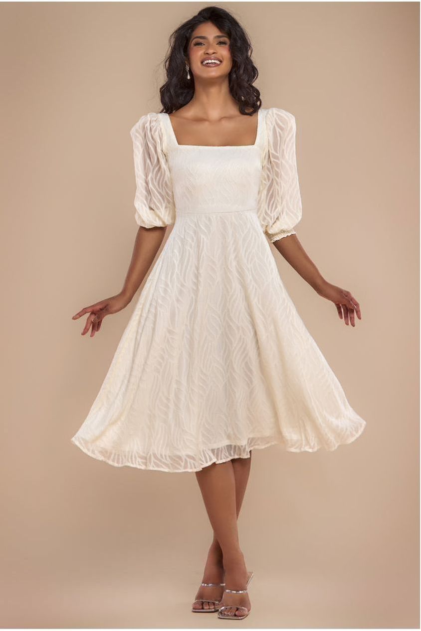 goddiva Puff Sleeve Side Slit Flared Jacquard Chiffon Midi Dress - Cream by Goddiva