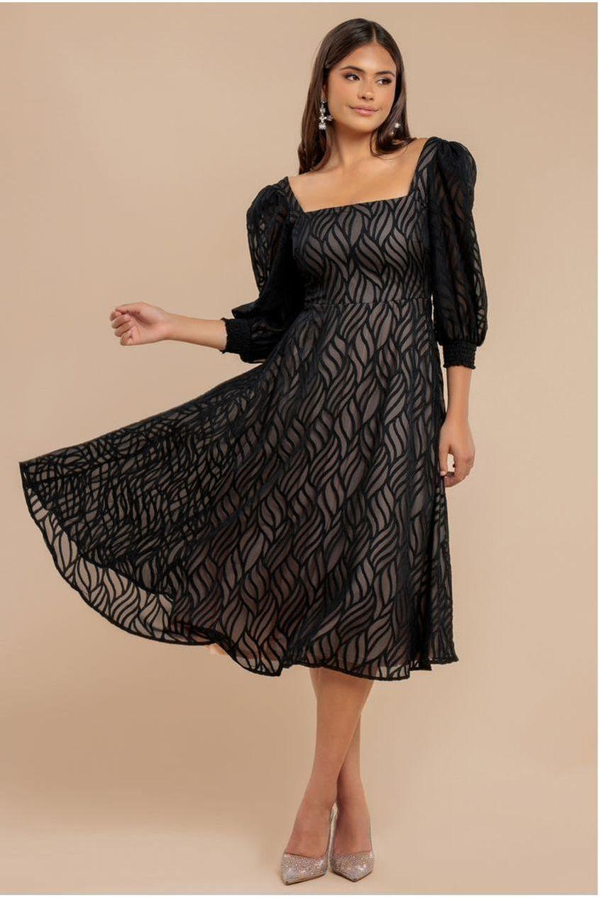 goddiva Puff Sleeve Side Slit Flared Jacquard Chiffon Midi Dress - Black by Goddiva