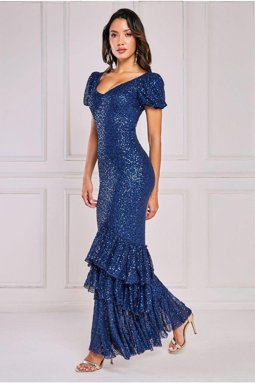 goddiva Puff Sleeve Tiered Hem Maxi Dress - Navy by Goddiva