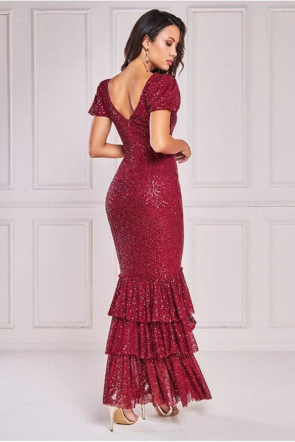 Goddiva Puff Sleeve Tiered Hem Maxi Dress - Wine By Goddiva