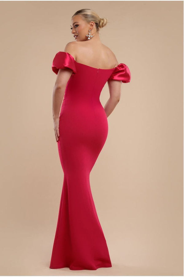 Goddiva Puffy Satin Sleeve Scuba Maxi Dress - Magenta By Goddiva