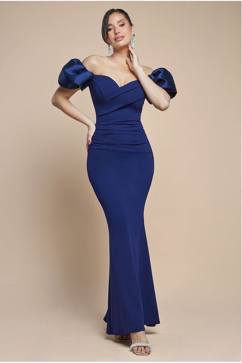 goddiva Puffy Satin Sleeve Scuba Maxi Dress - Navy Blue by Goddiva