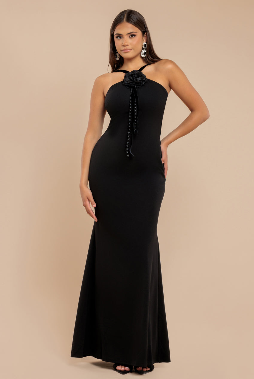 goddiva Racer Neck Corsage Scuba Maxi - Black by Goddiva
