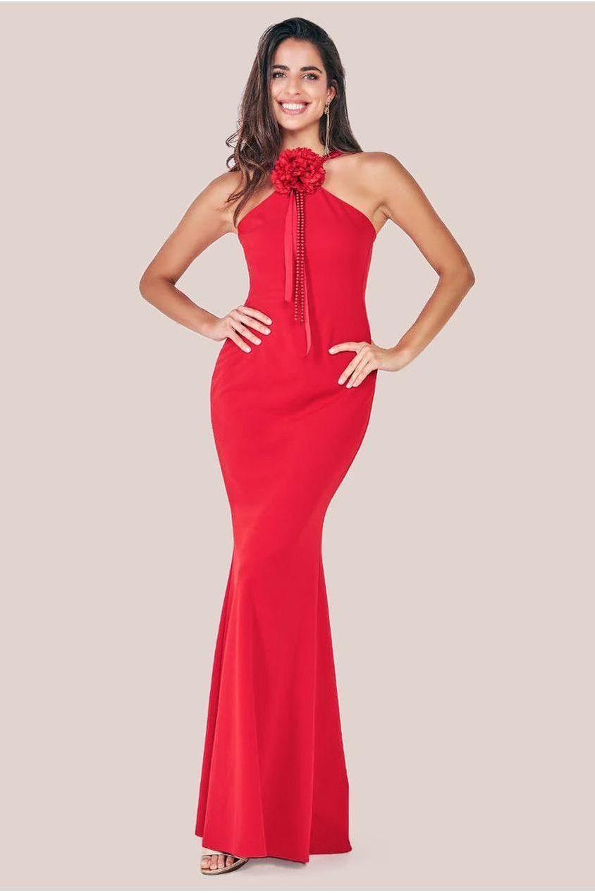 goddiva Racer Neck Corsage Scuba Maxi - Red by Goddiva