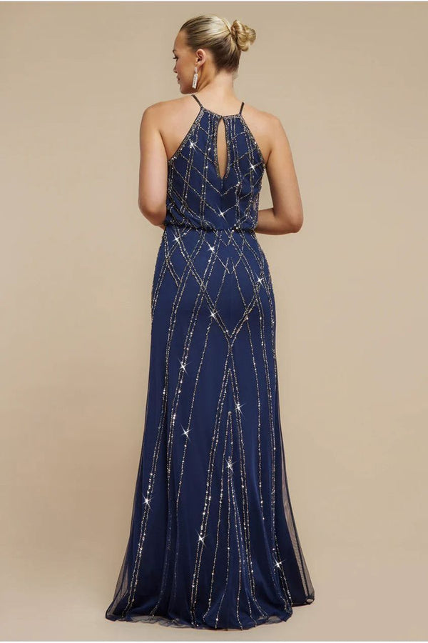 Goddiva Racer Neck Sleeveless Hand Embellished Sequin Maxi Dress - Navy Blue By Goddiva