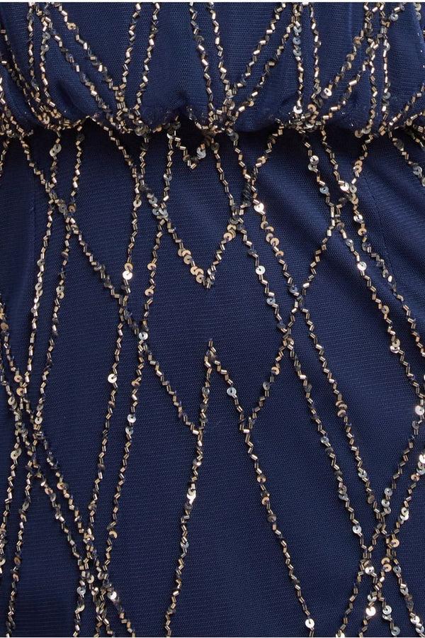 Goddiva Racer Neck Sleeveless Hand Embellished Sequin Maxi Dress - Navy Blue By Goddiva