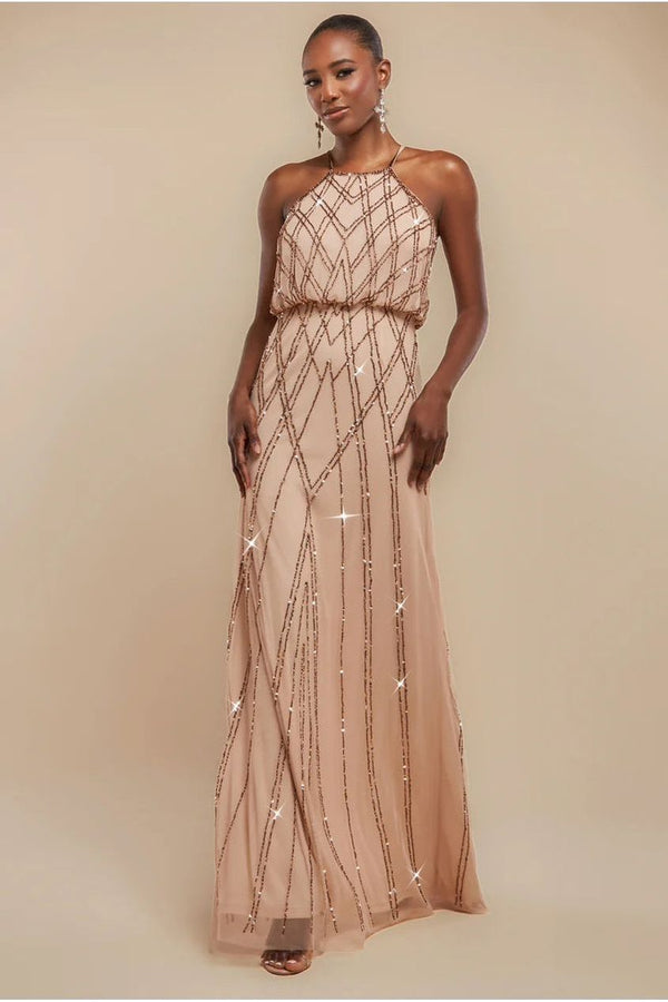 Goddiva Racer Neck Sleeveless Hand Embellished Sequin Maxi Dress - Champagne By Goddiva