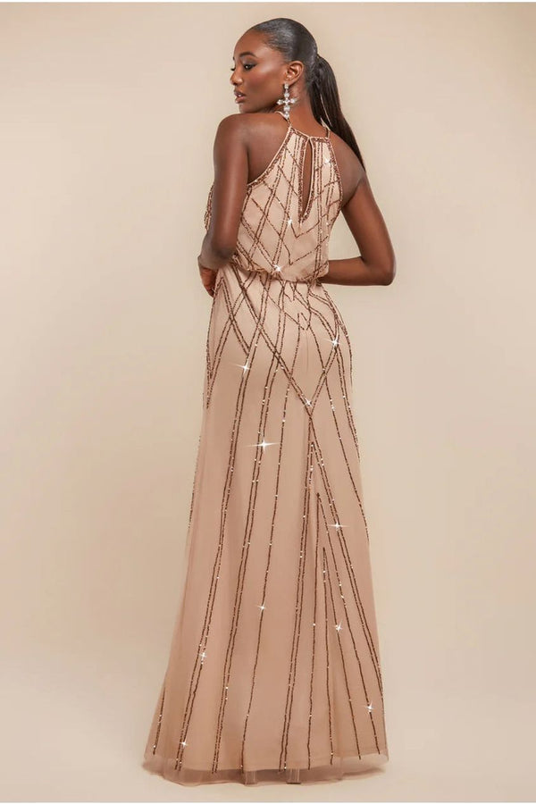 Goddiva Racer Neck Sleeveless Hand Embellished Sequin Maxi Dress - Champagne By Goddiva