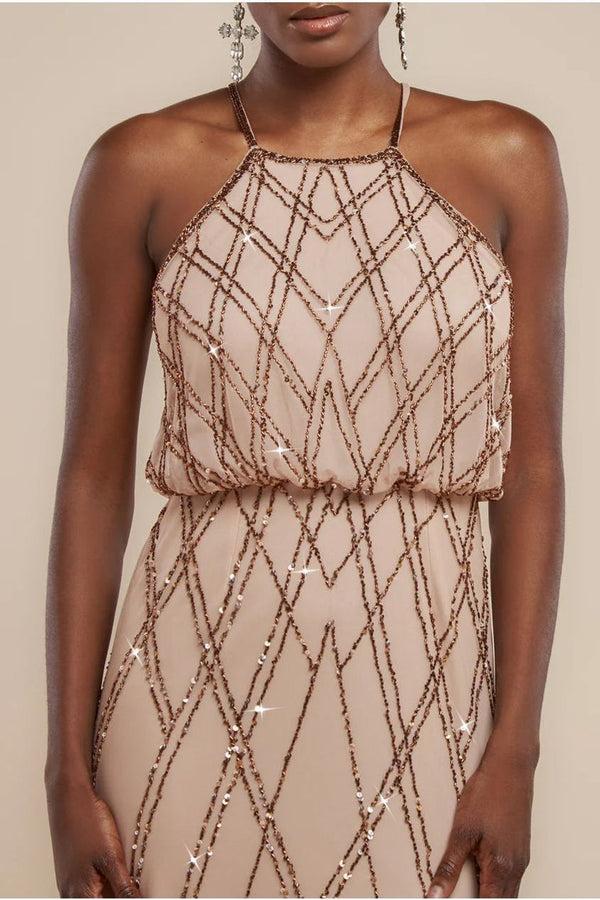 Goddiva Racer Neck Sleeveless Hand Embellished Sequin Maxi Dress - Champagne By Goddiva