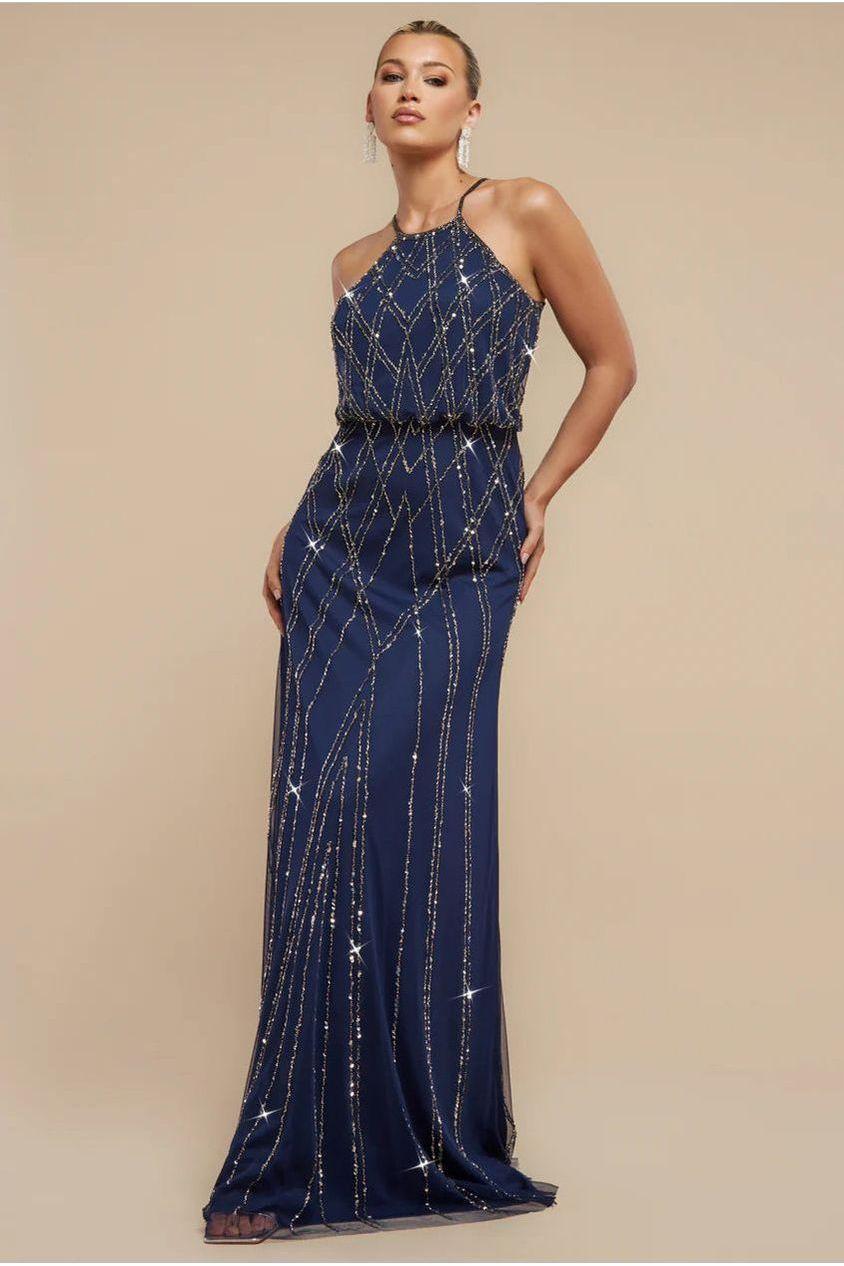 goddiva Racer Neck Sleeveless Hand Embellished Sequin Maxi Dress - Navy Blue by Goddiva