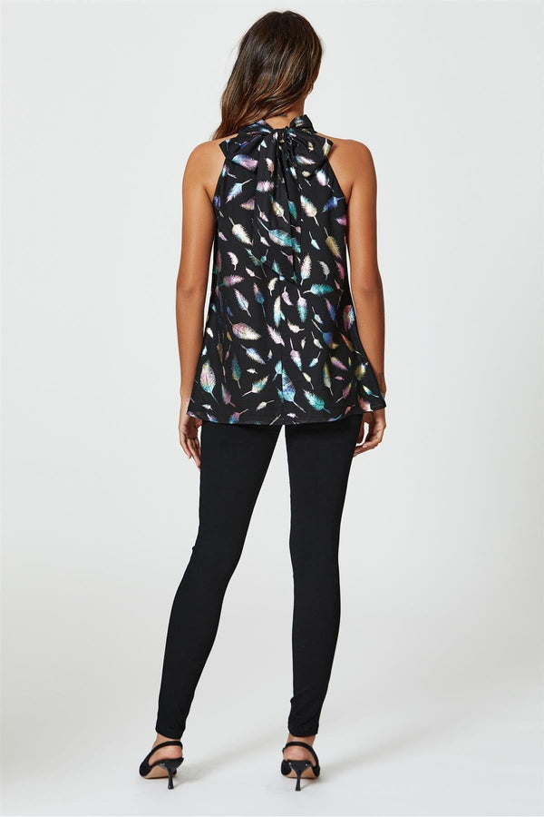 Goddiva Rainbow Leaf Foil Star Halter Neck Tie Back Top In Black By FS Collection