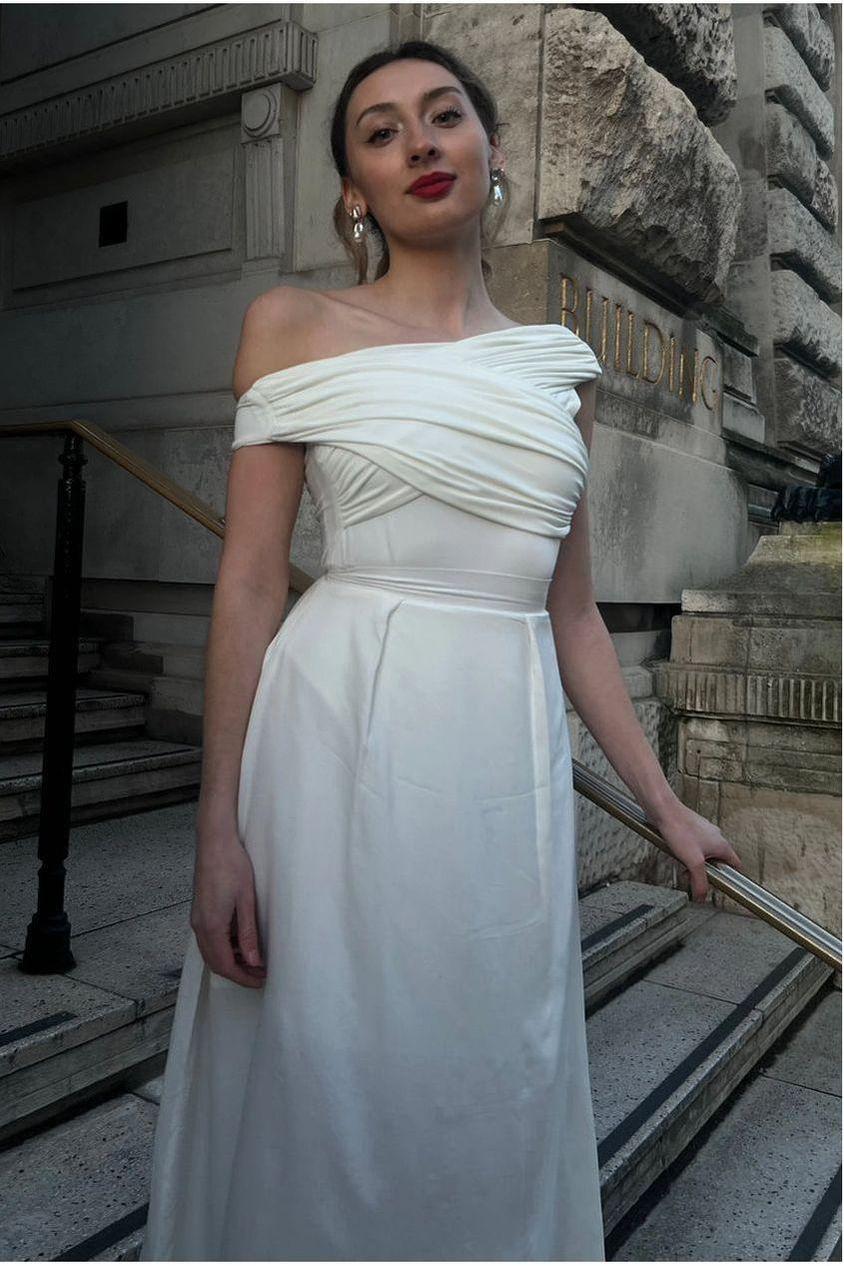 goddiva Rhea Ivory Pleated Bardot Bodysuit by InFlair