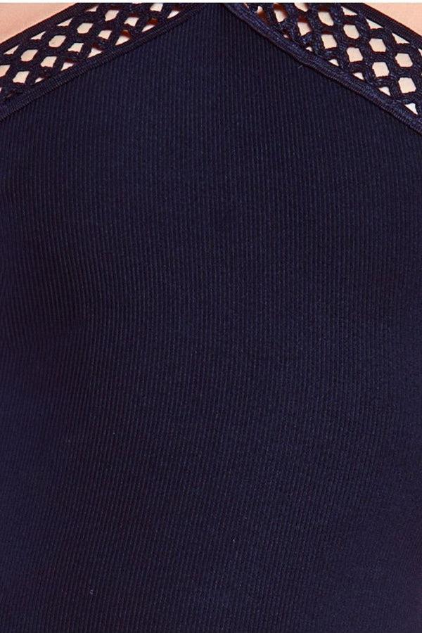 Goddiva Ribbed Criss Cross Halter Neck Maxi Dress With Thigh Split - Black By Goddiva