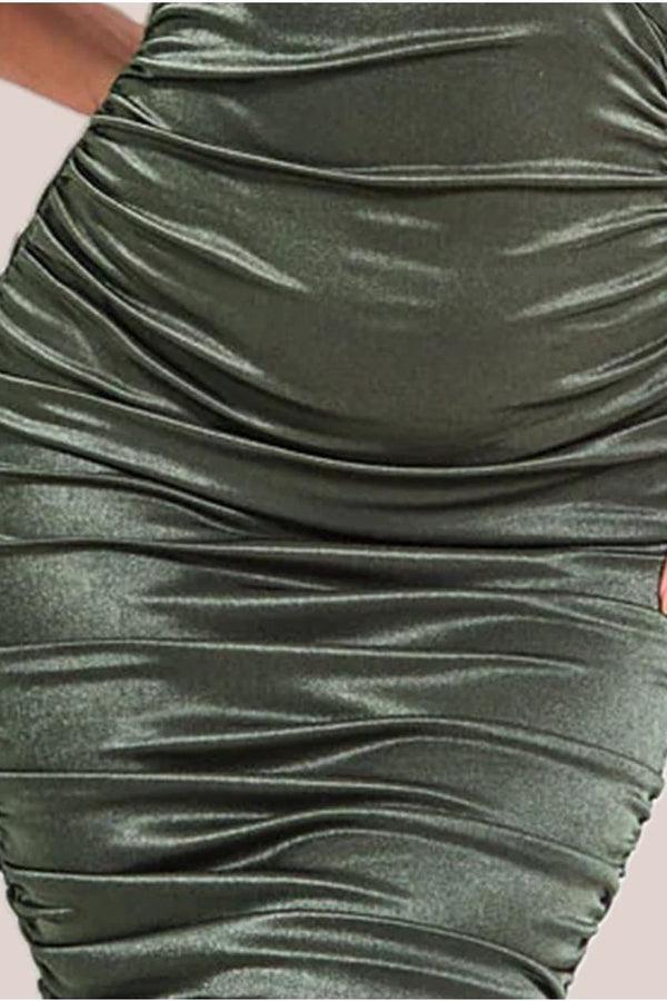 Goddiva Ring Detail One Shoulder Ruched Midi - Khaki By Goddiva