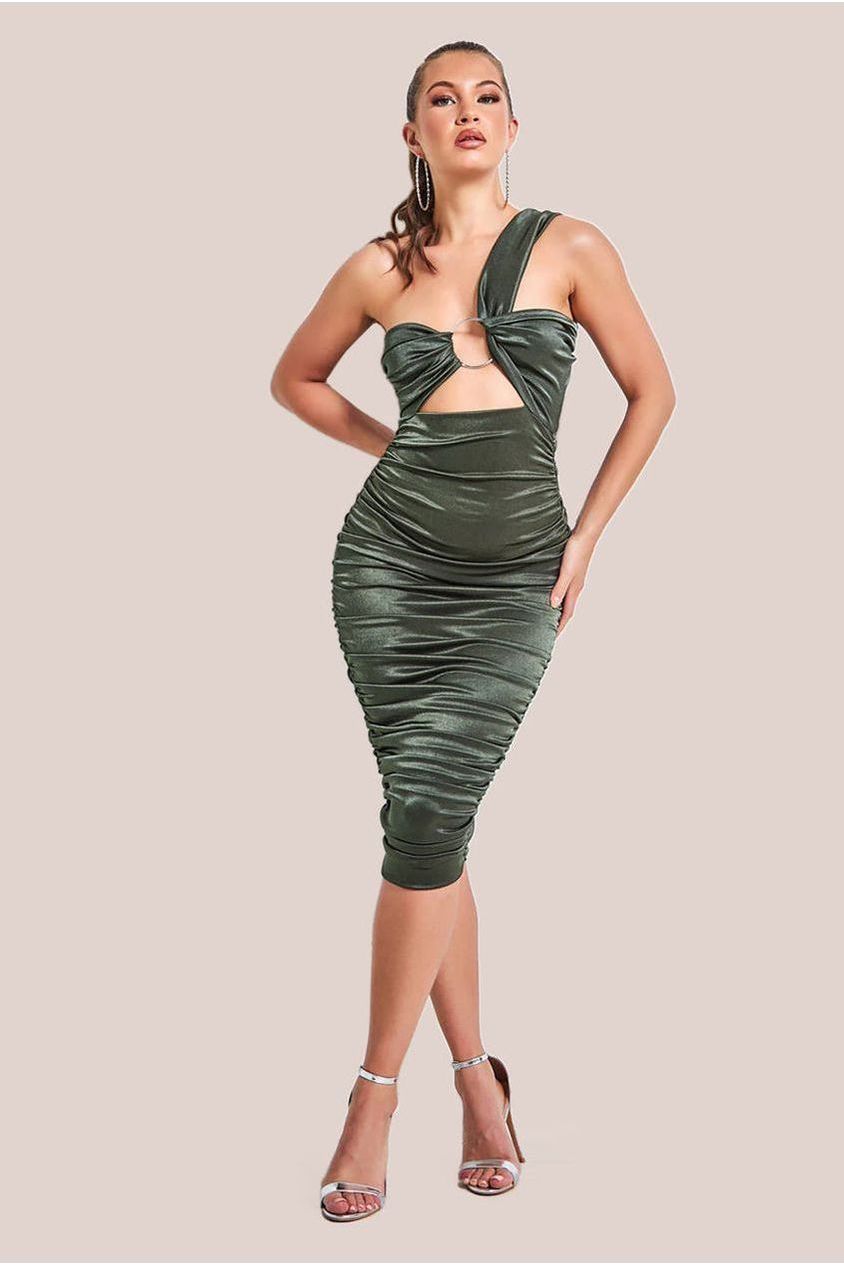 goddiva Ring Detail One Shoulder Ruched Midi - Khaki by Goddiva